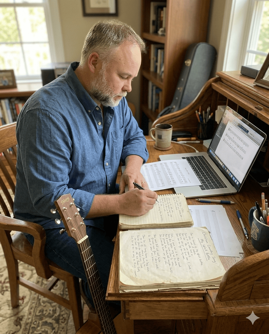 Open notebook of handwritten lyrics on a writer's desk